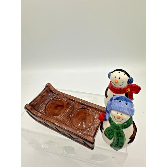 St. Nicholas Square Snowman Salt & Pepper Shakers on Sled “Button Up” Set - Picture 6 of 9